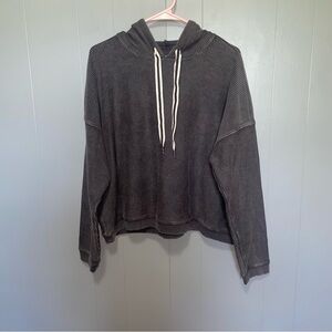 Aerie Corded Ribbed Black Gray Crop Hoodie Hooded Sweatshirt Large